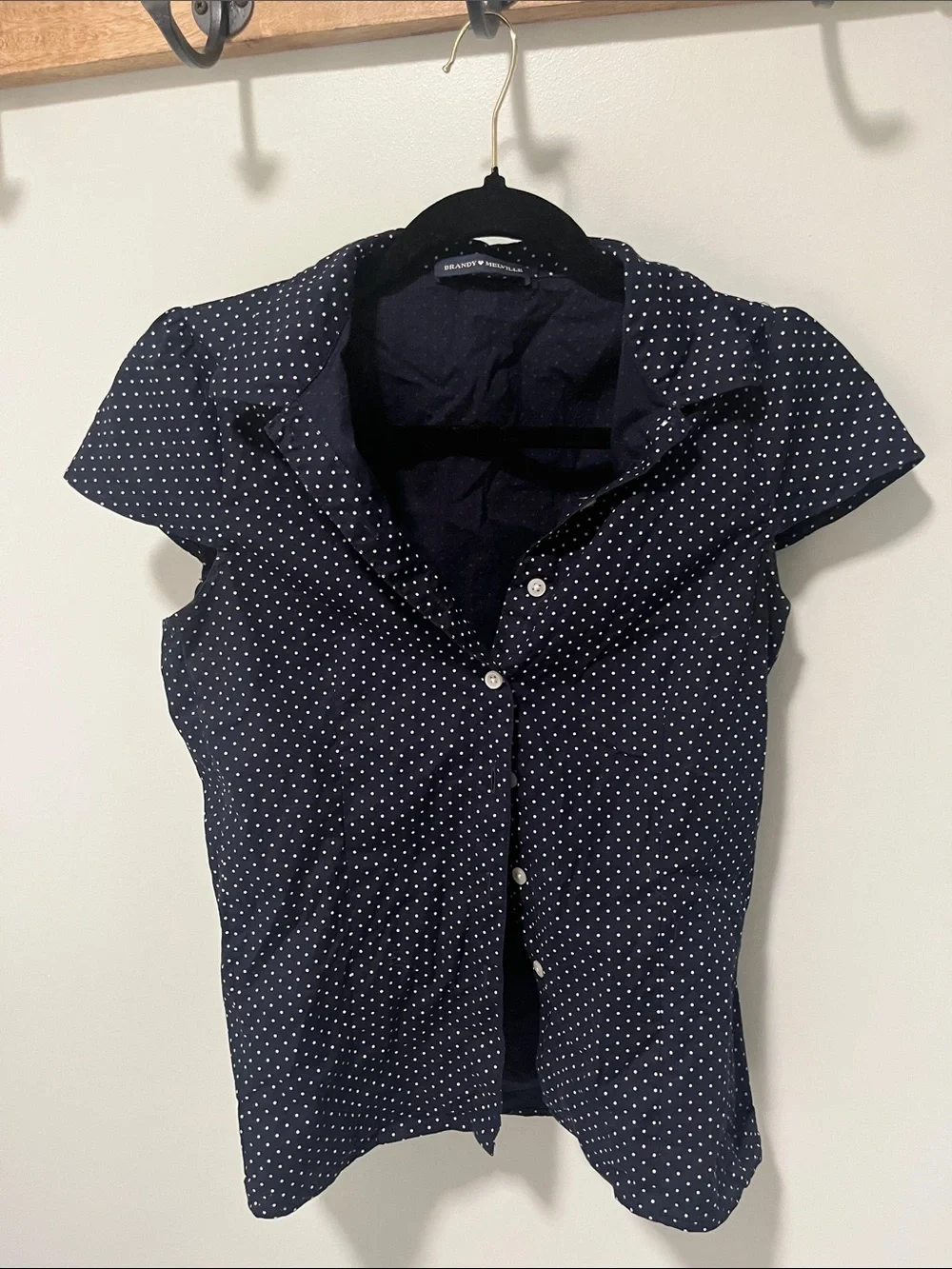 Brandy Melville Navy Polka Dot Button-Up Cap Sleeve Top - Picture 1 of 1